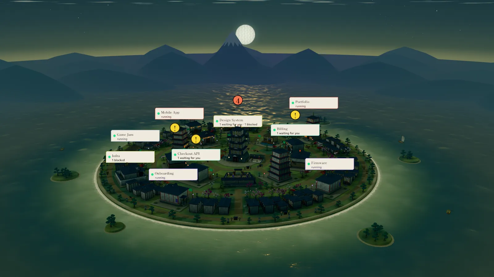The Edo design at night: a castle town on an island under a snow-capped volcano, project signs glowing.