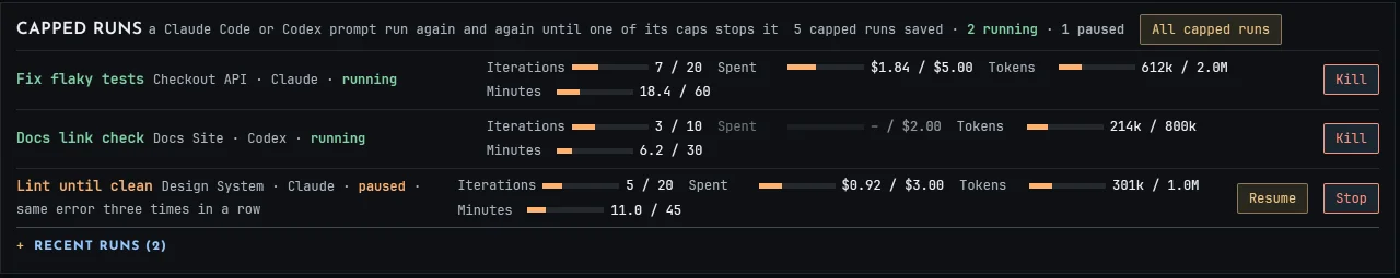 The Capped runs panel on the Board, Lunar design: Fix flaky tests in Checkout API running at 7 of 20 iterations and $1.84 of $5.00, with a Kill button; Docs link check, a Codex run, at 3 of 10 iterations; Lint until clean paused after the same error three times, with Resume and Stop.